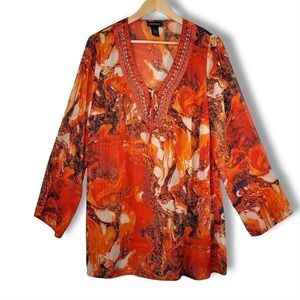 Lane Bryant Abstract Print Beaded Tunic Blouse Orange Size 14/16